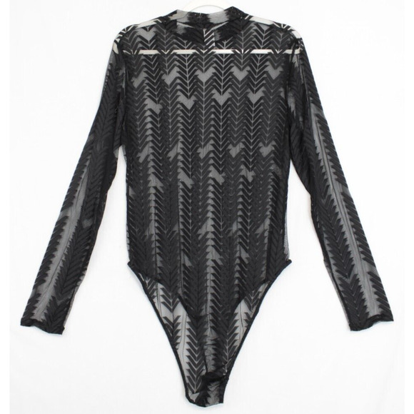 Sheer Black Bodysuit Top Long Sleeve Women XL Goth Edgy Coquette - Picture 2 of 11